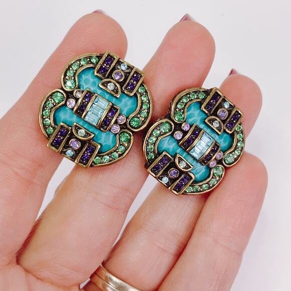 VTG Signed Heidi Daus Art Deco Revival Rhinestone Blue Clip Earrings Collectible - Picture 3 of 10